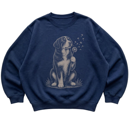 Navy crewneck sweatshirt featuring Dandelion Bernese Mountain Dog, laid-flat presentation