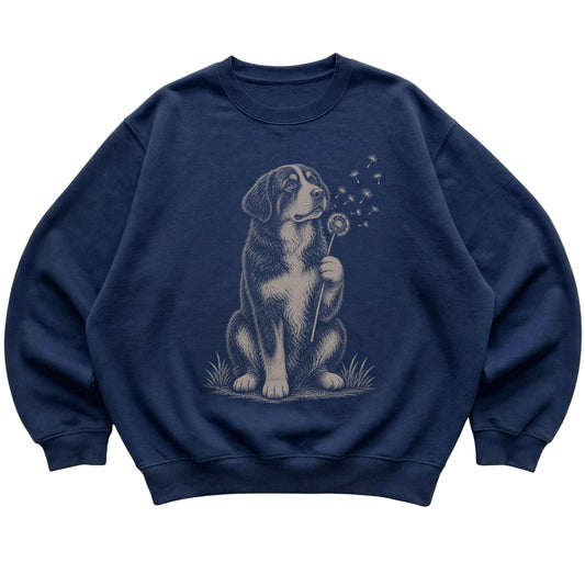 Navy crewneck sweatshirt featuring Dandelion Bernese Mountain Dog, laid-flat presentation