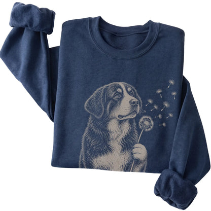 Navy crewneck sweatshirt featuring Dandelion Bernese Mountain Dog, folded presentation