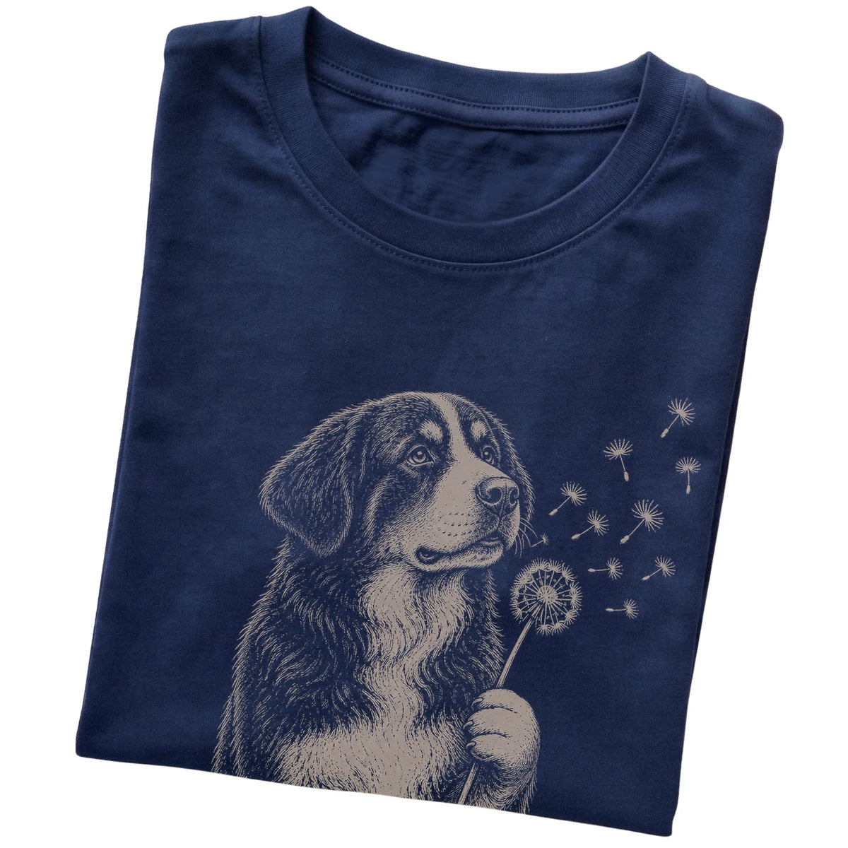 Navy T-shirt featuring Dandelion Bernese Mountain Dog, folded presentation