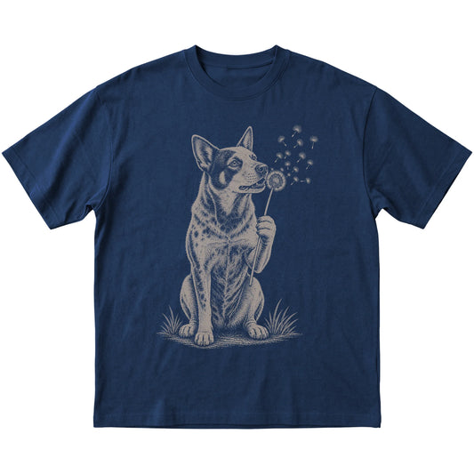 Navy T-shirt featuring Dandelion Blue Heeler, laid-flat presentation