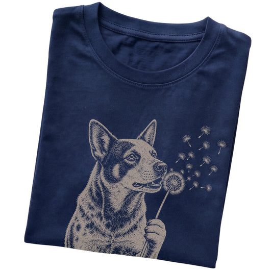 Navy T-shirt featuring Dandelion Blue Heeler, folded presentation