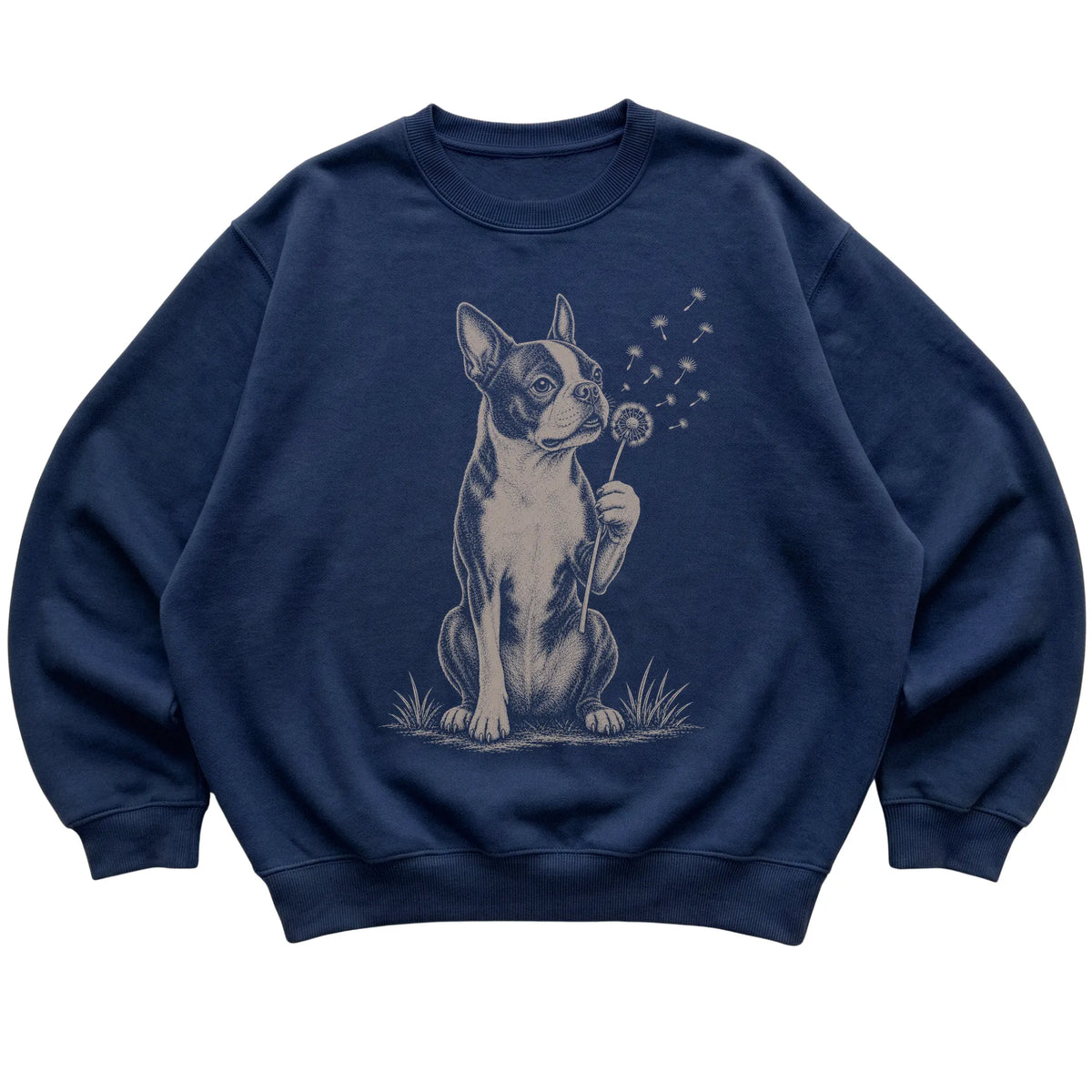 Navy crewneck sweatshirt featuring Dandelion Boston Terrier, laid-flat presentation