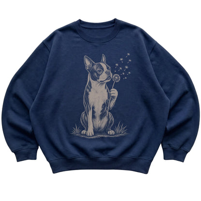 Navy crewneck sweatshirt featuring Dandelion Boston Terrier, laid-flat presentation