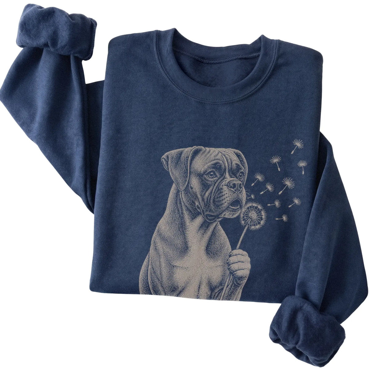 Navy crewneck sweatshirt featuring Dandelion Boxer, folded presentation