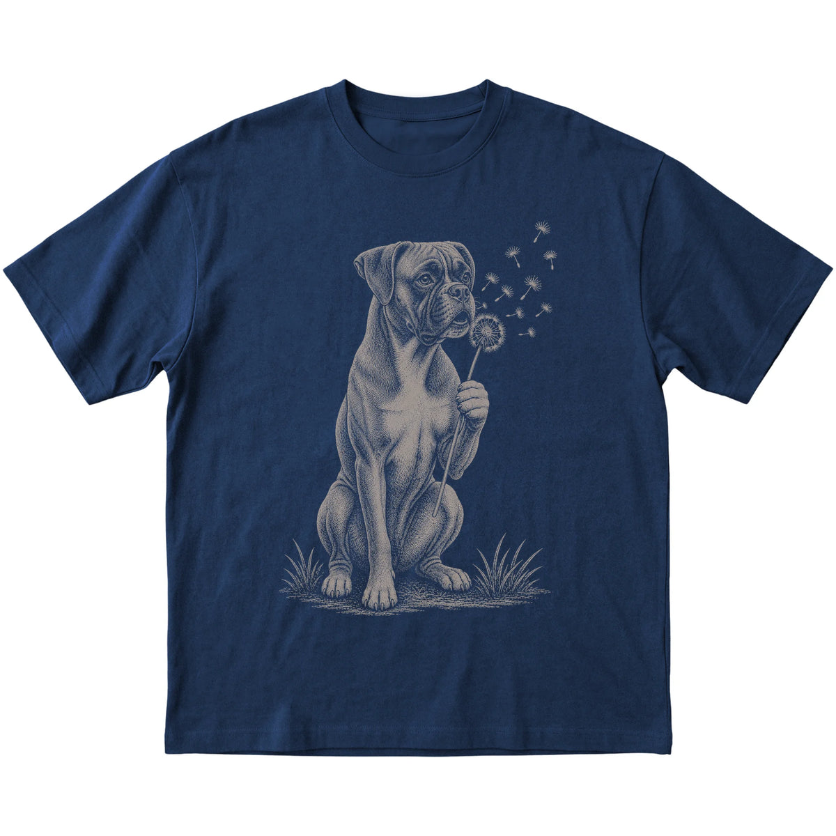 Navy T-shirt featuring Dandelion Boxer, laid-flat presentation