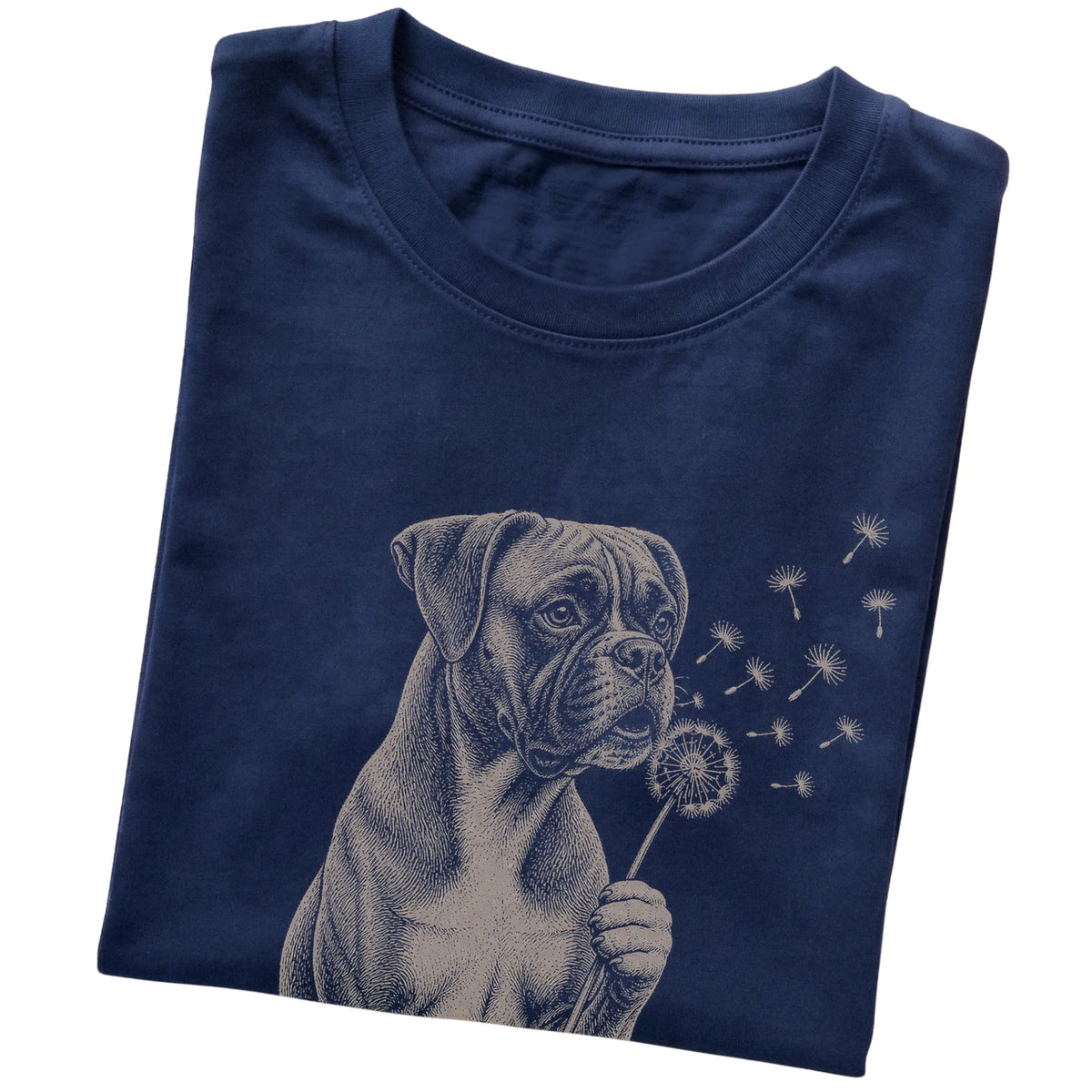 Navy T-shirt featuring Dandelion Boxer, folded presentation