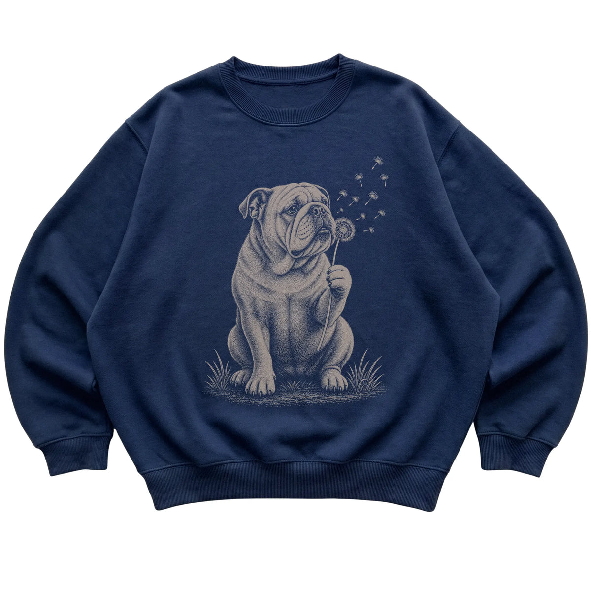 Navy crewneck sweatshirt featuring Dandelion Bulldog, laid-flat presentation