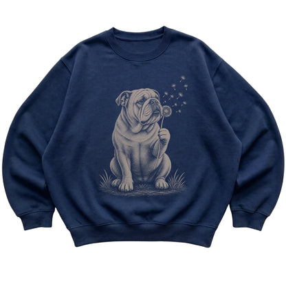 Navy crewneck sweatshirt featuring Dandelion Bulldog, laid-flat presentation