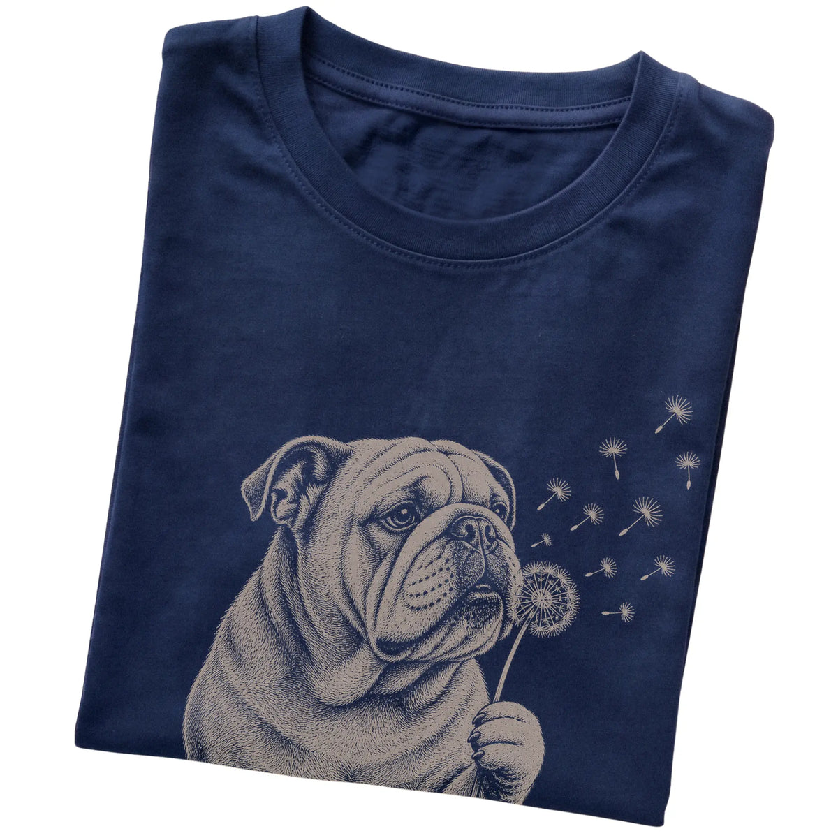 Navy T-shirt featuring Dandelion Bulldog, folded presentation