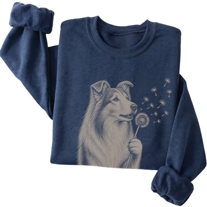 Navy crewneck sweatshirt featuring Dandelion Collie, folded presentation