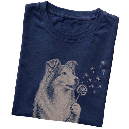 Navy T-shirt featuring Dandelion Collie, folded presentation