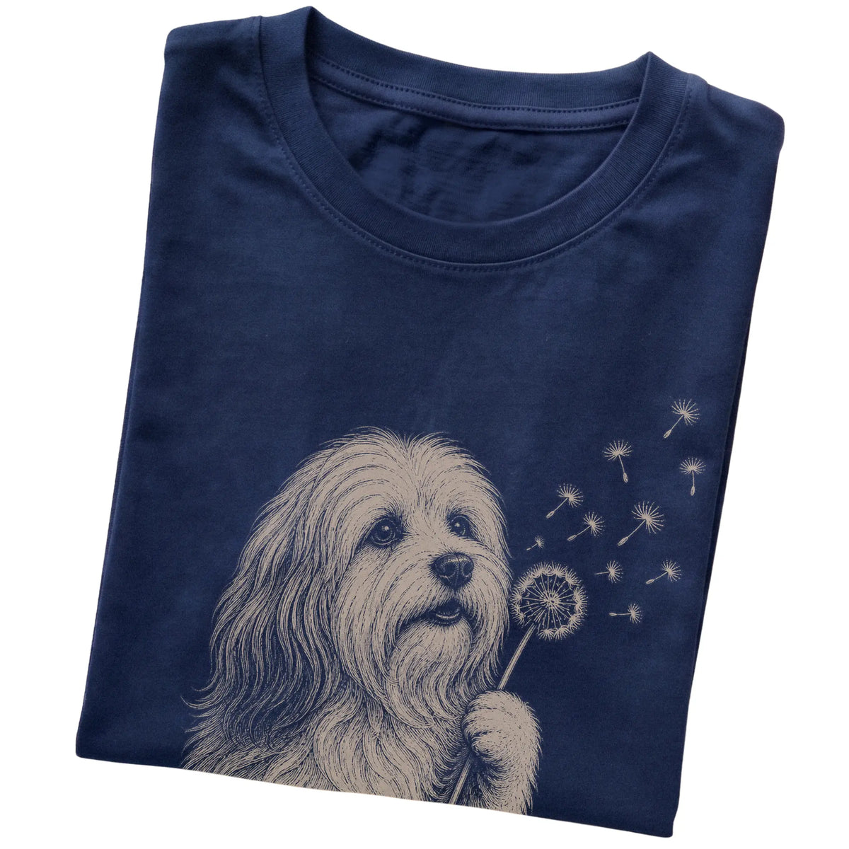 Navy T-shirt featuring Dandelion Havanese, folded presentation