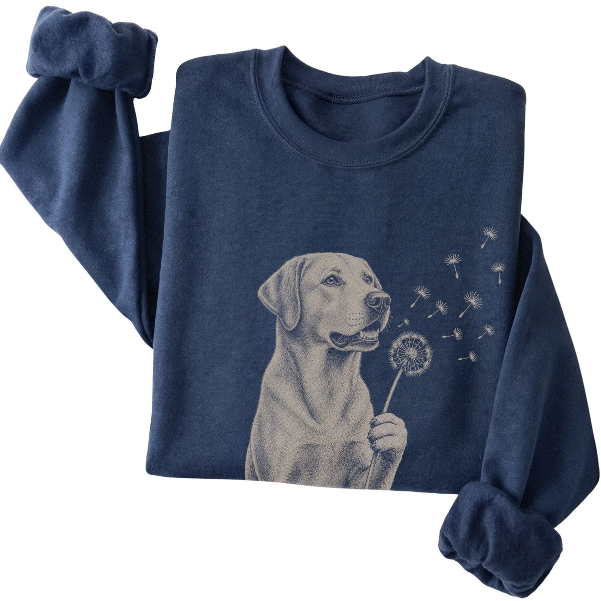Navy crewneck sweatshirt featuring Dandelion American Bulldog, folded presentation