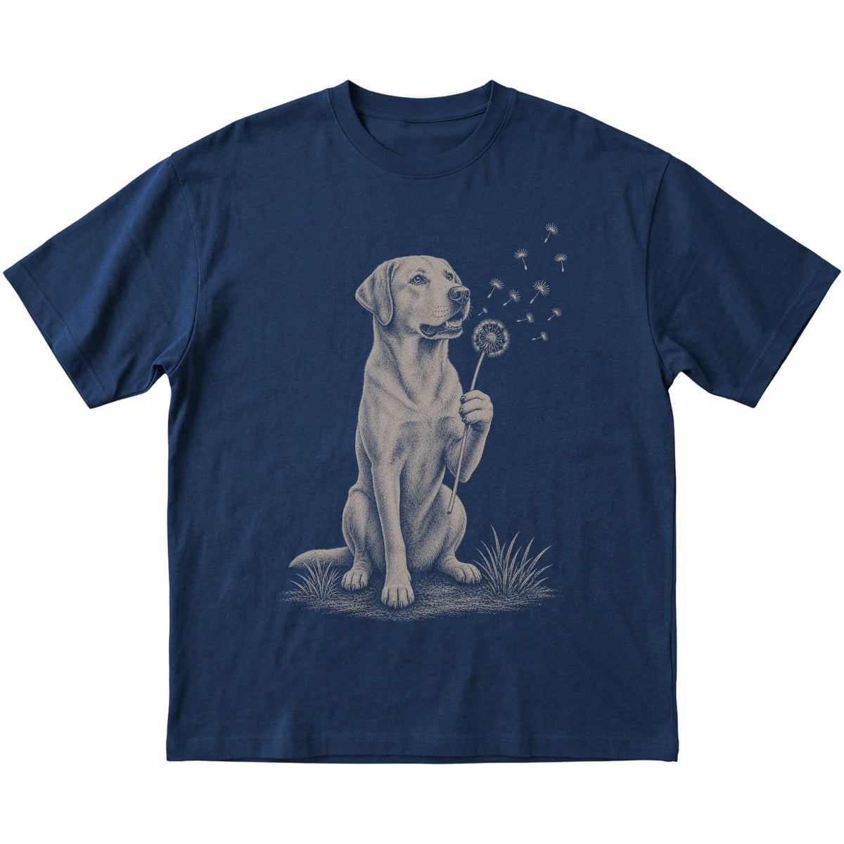 Navy T-shirt featuring Dandelion American Bulldog, laid-flat presentation