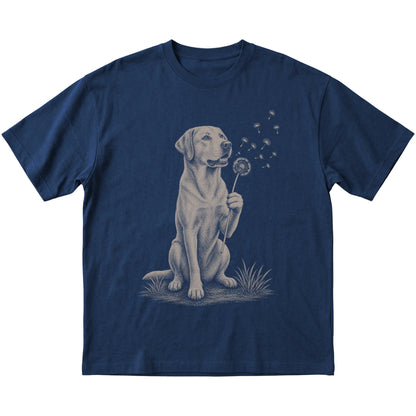 Navy T-shirt featuring Dandelion American Bulldog, laid-flat presentation