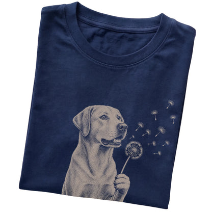 Navy T-shirt featuring Dandelion American Bulldog, folded presentation