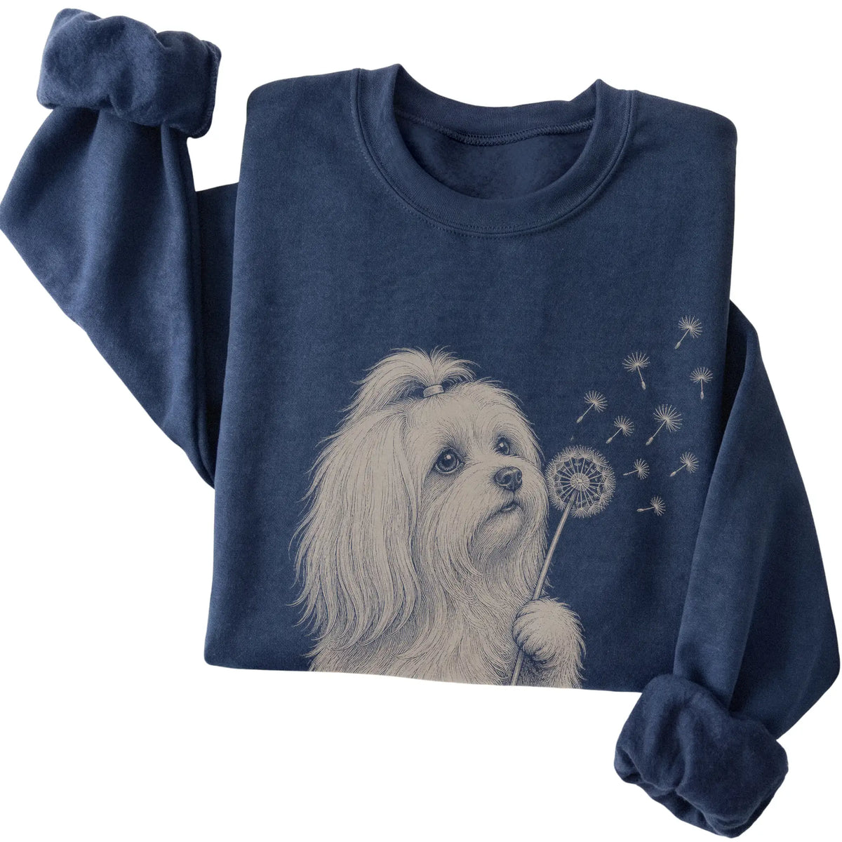 Navy crewneck sweatshirt featuring Dandelion Maltese, folded presentation
