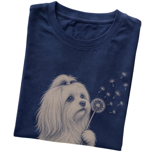 Navy T-shirt featuring Dandelion Maltese, folded presentation