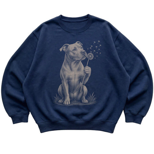 Navy crewneck sweatshirt featuring Dandelion Pitbull, laid-flat presentation