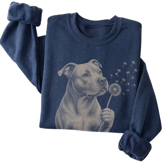 Navy crewneck sweatshirt featuring Dandelion Pitbull, folded presentation