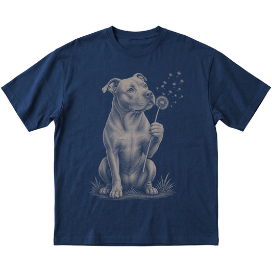 Navy T-shirt featuring Dandelion Pitbull, laid-flat presentation