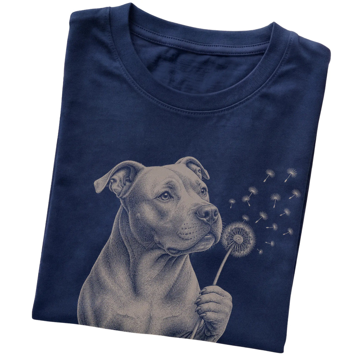 Navy T-shirt featuring Dandelion Pitbull, folded presentation