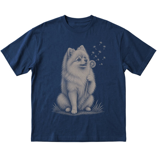 Navy T-shirt featuring Dandelion Pomeranian, laid-flat presentation