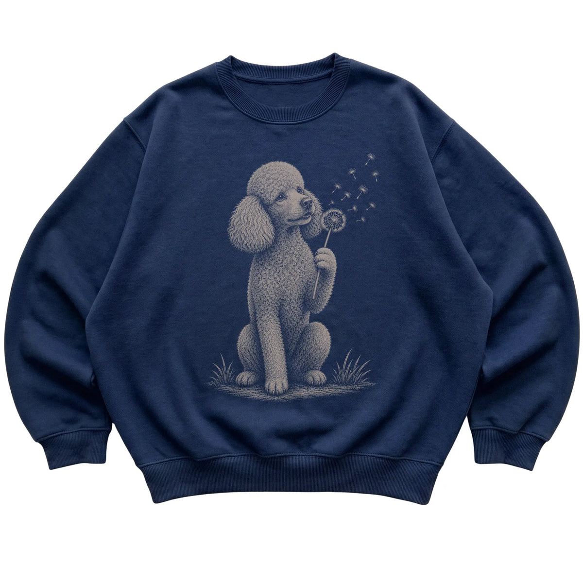 Navy crewneck sweatshirt featuring Dandelion Poodle, laid-flat presentation