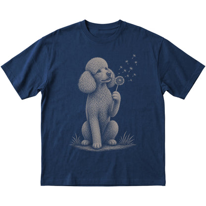 Navy T-shirt featuring Dandelion Poodle, laid-flat presentation