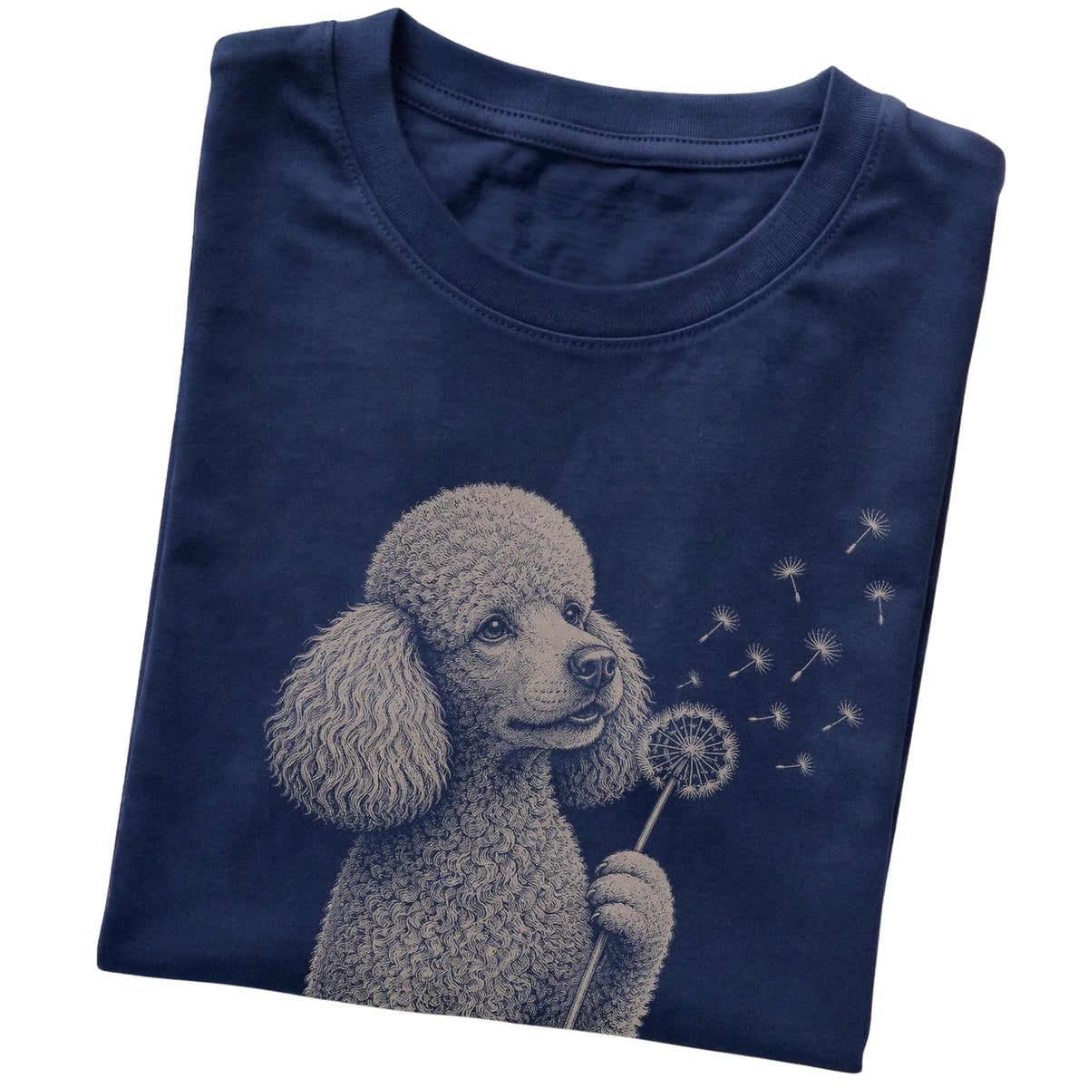 Navy T-shirt featuring Dandelion Poodle, folded presentation