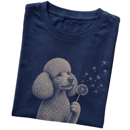 Navy T-shirt featuring Dandelion Poodle, folded presentation