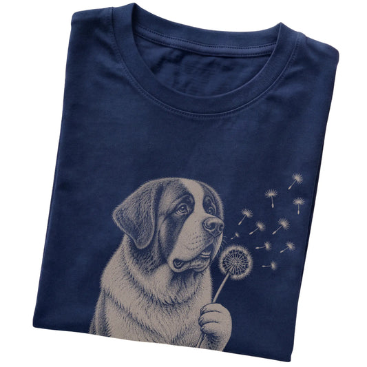 Navy T-shirt featuring Dandelion Saint Bernard, folded presentation