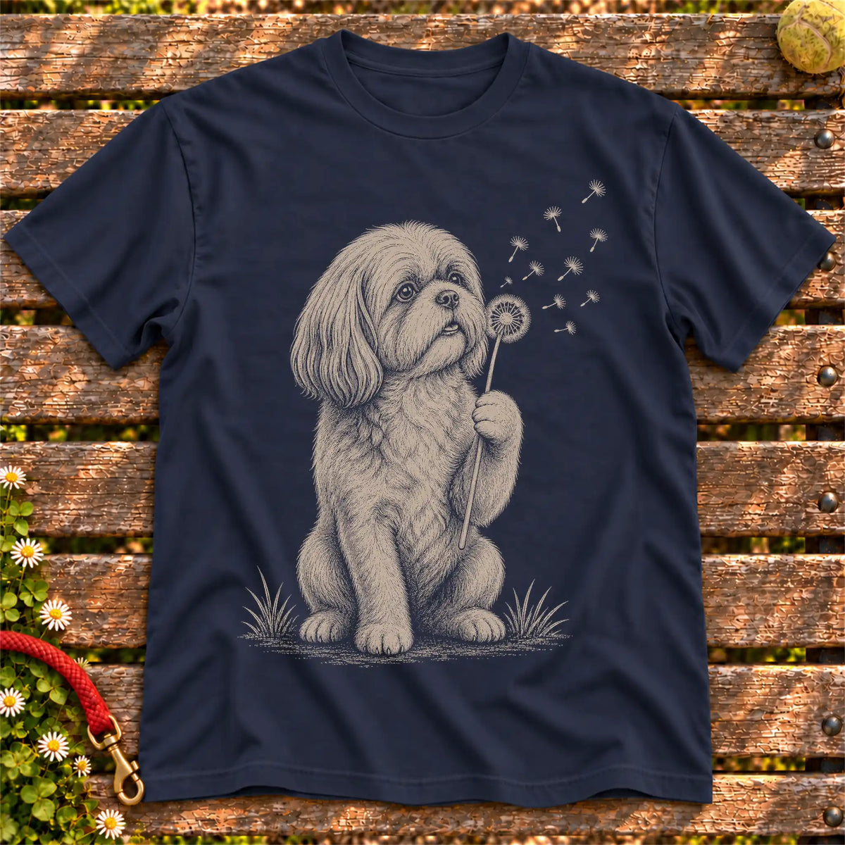 Shih Tzu Dandelion on a Navy T-shirt, shown flat