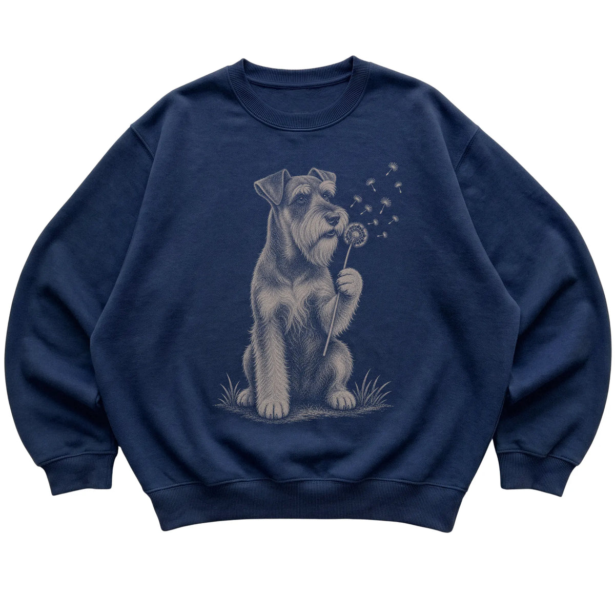 Navy crewneck sweatshirt featuring Dandelion American Bulldog, laid-flat presentation