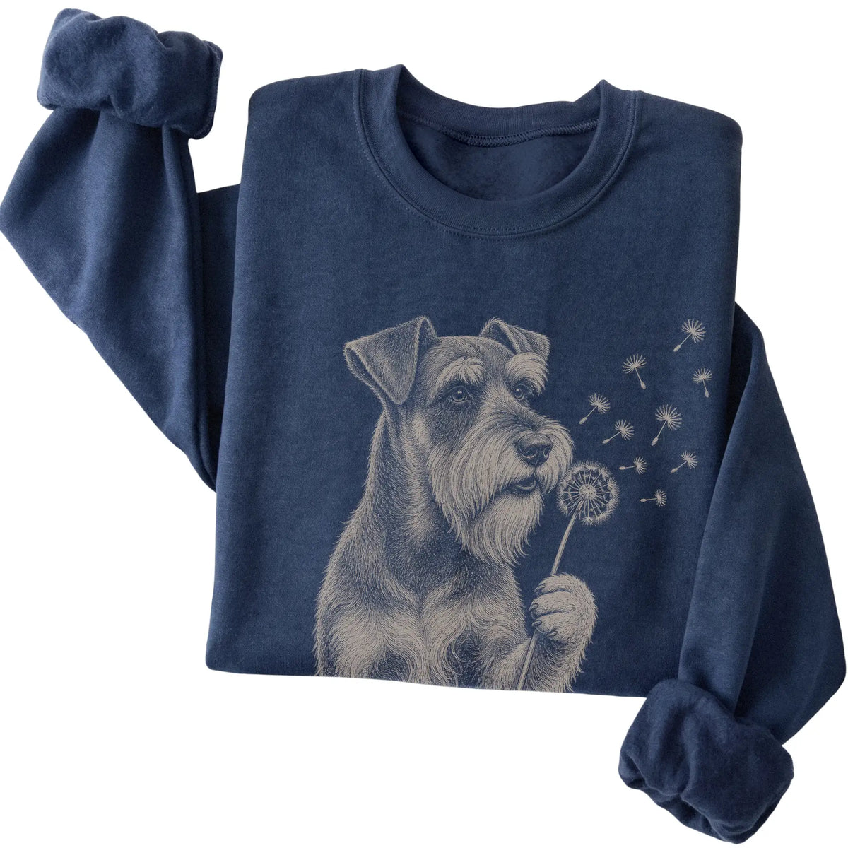 Navy crewneck sweatshirt featuring Dandelion American Bulldog, folded presentation