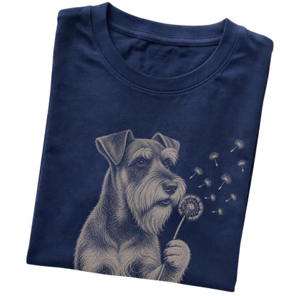 Navy T-shirt featuring Dandelion American Bulldog, folded presentation