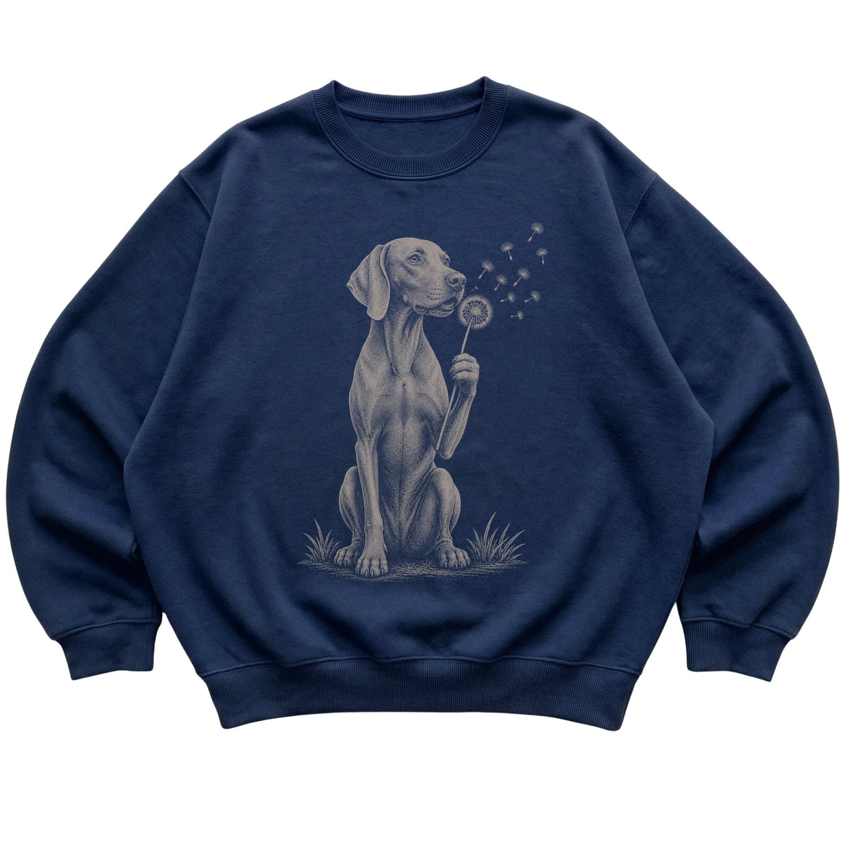 Navy crewneck sweatshirt featuring Dandelion Weimaraner, laid-flat presentation