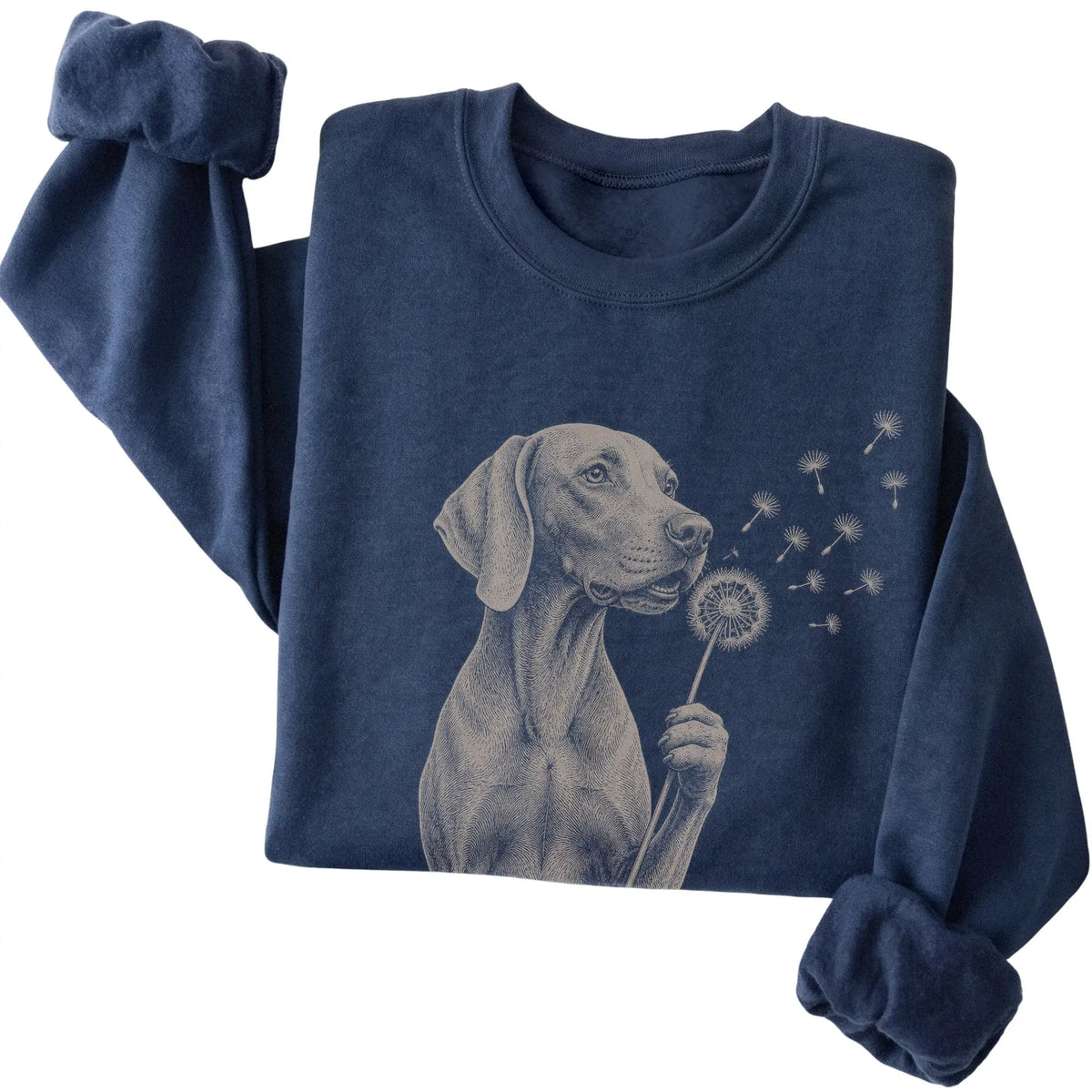 Navy crewneck sweatshirt featuring Dandelion Weimaraner, folded presentation