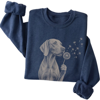 Navy crewneck sweatshirt featuring Dandelion Weimaraner, folded presentation
