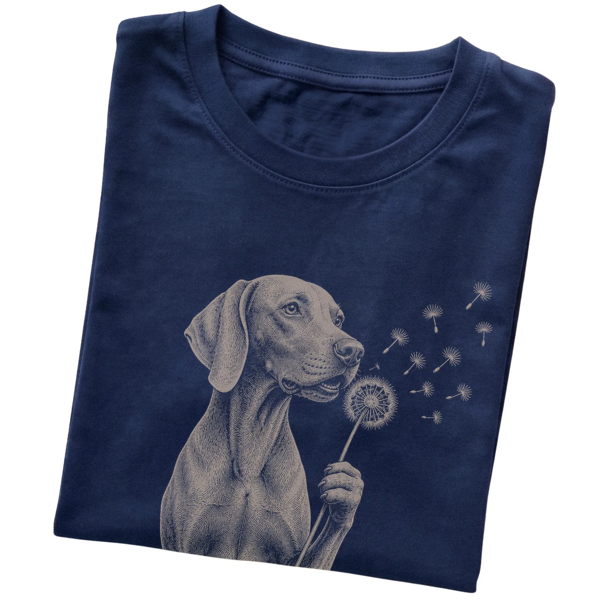 Navy T-shirt featuring Dandelion Weimaraner, folded presentation