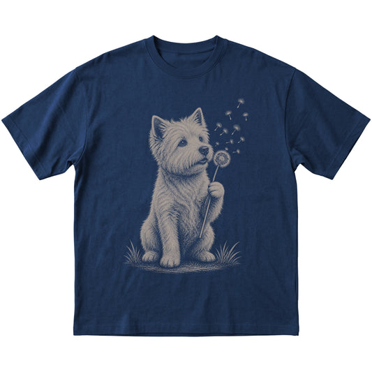 Navy T-shirt featuring Dandelion Westie, laid-flat presentation