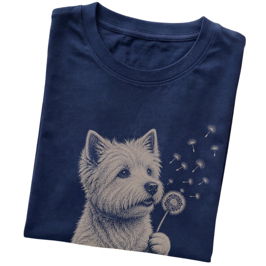 Navy T-shirt featuring Dandelion Westie, folded presentation