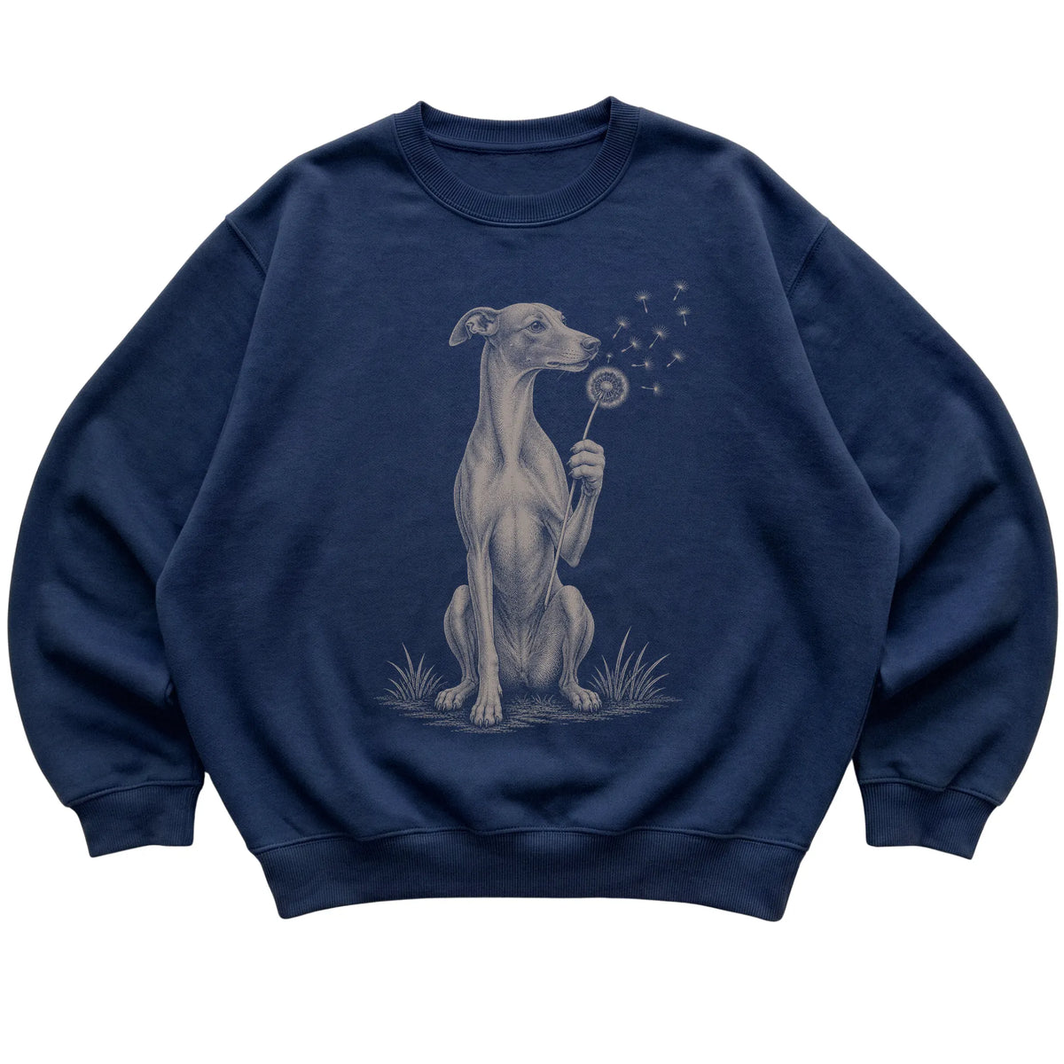 Navy crewneck sweatshirt featuring Dandelion Whippet, laid-flat presentation