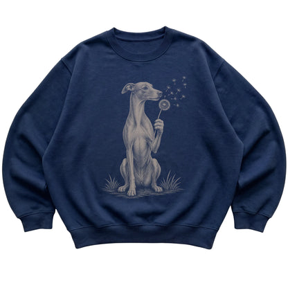 Navy crewneck sweatshirt featuring Dandelion Whippet, laid-flat presentation