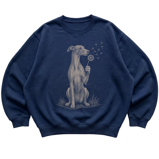 Navy crewneck sweatshirt featuring Dandelion Whippet, laid-flat presentation