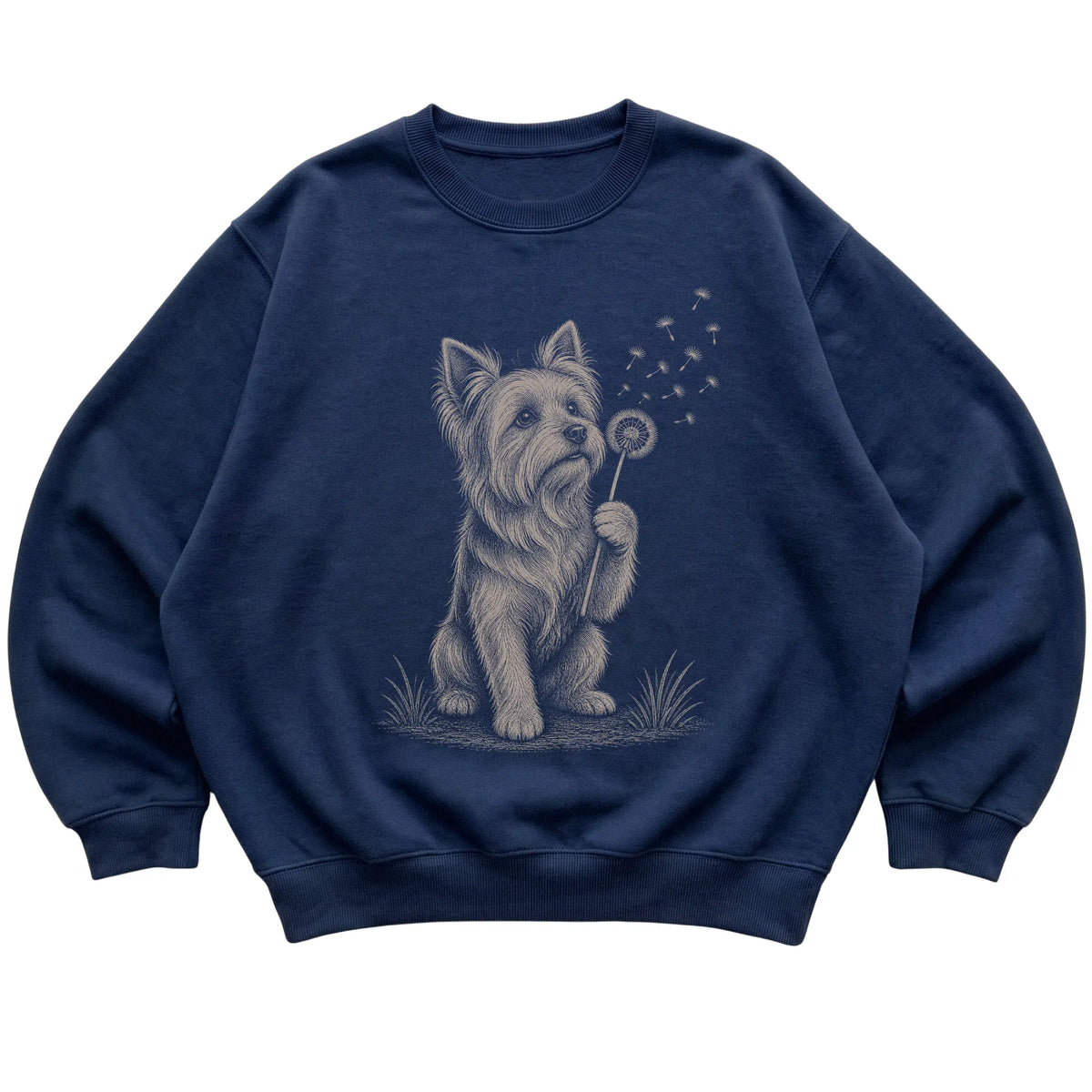 Navy crewneck sweatshirt featuring Dandelion Yorkie, laid-flat presentation