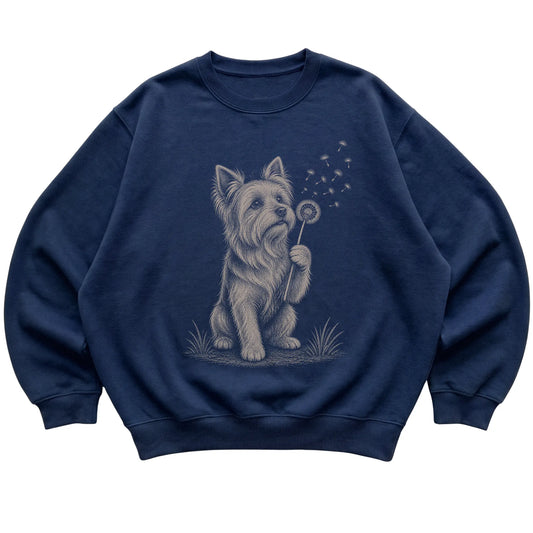 Navy crewneck sweatshirt featuring Dandelion Yorkie, laid-flat presentation