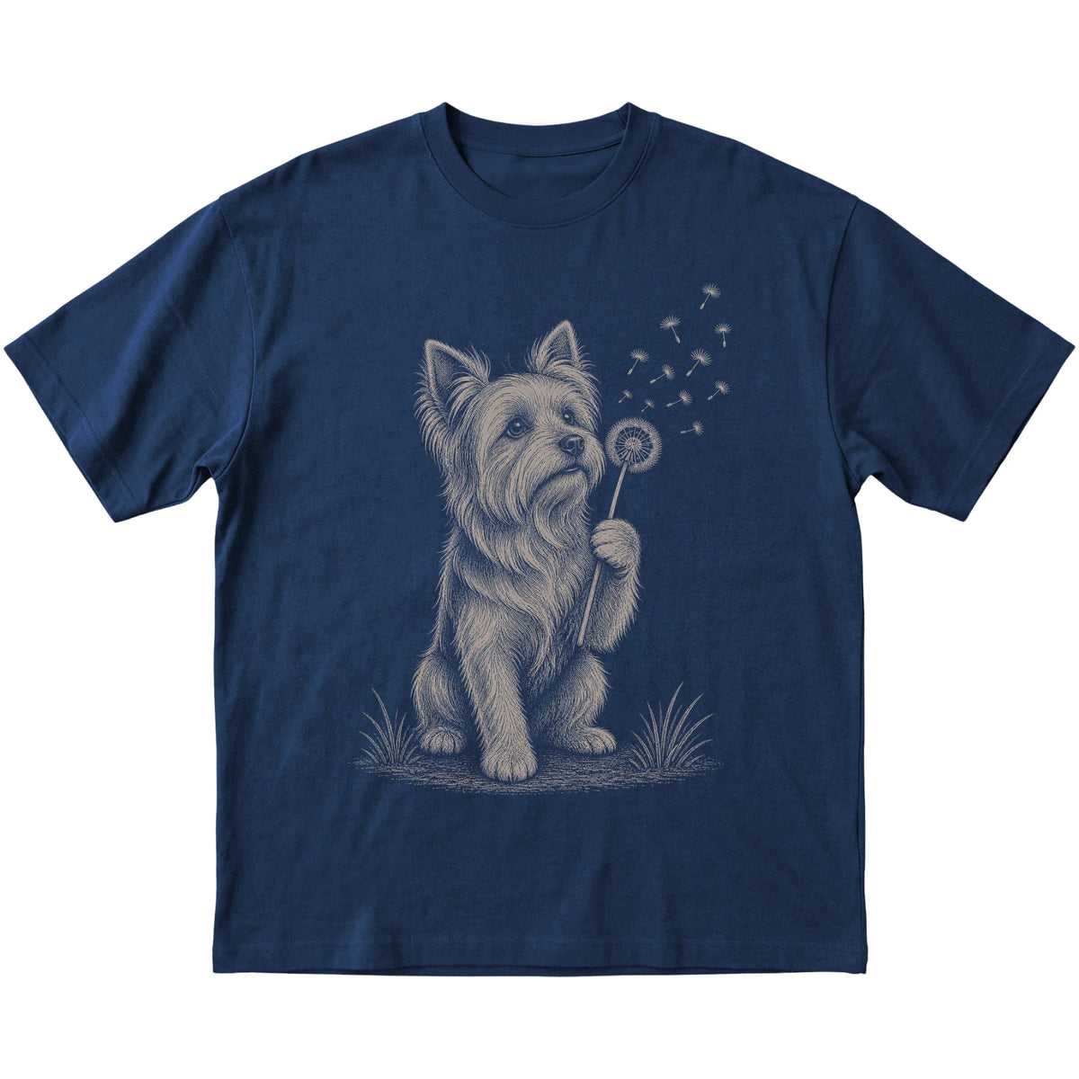 Navy T-shirt featuring Dandelion Yorkie, laid-flat presentation