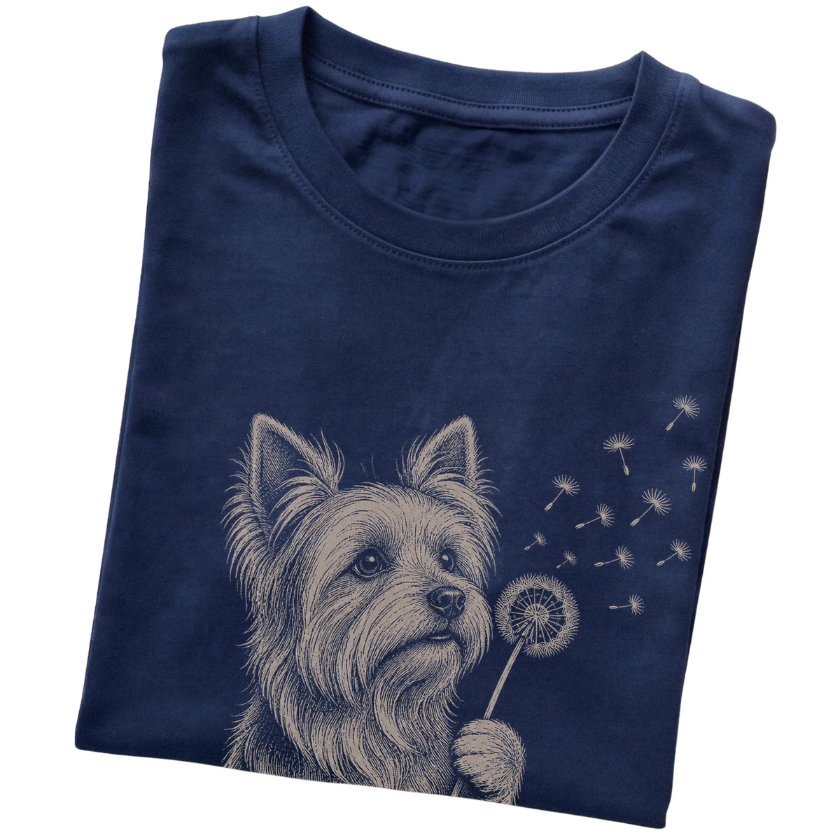 Navy T-shirt featuring Dandelion Yorkie, folded presentation